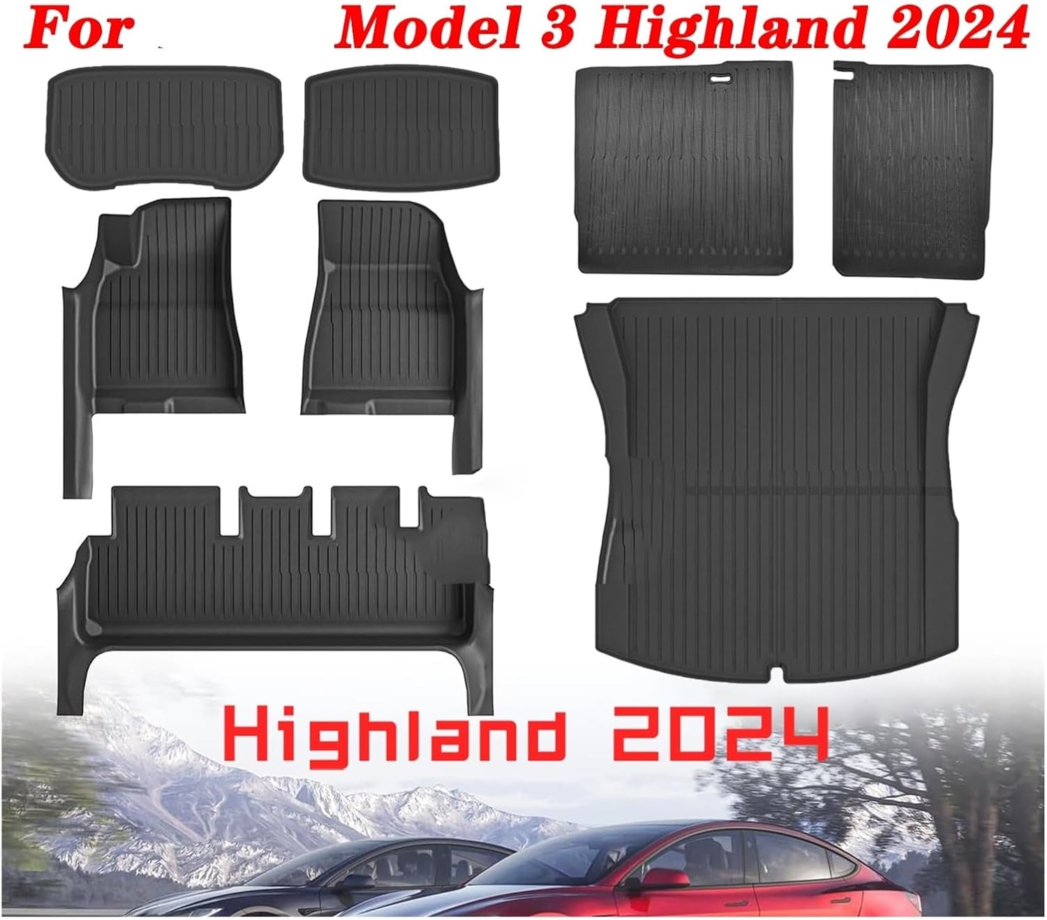 Compatible for Tesla Model 3 Highland 2024 TPE Full Cover Floor Mats with Door Sill Protector, Set Liners Cargo Liner Seat Back(3PCS Floor Mats)