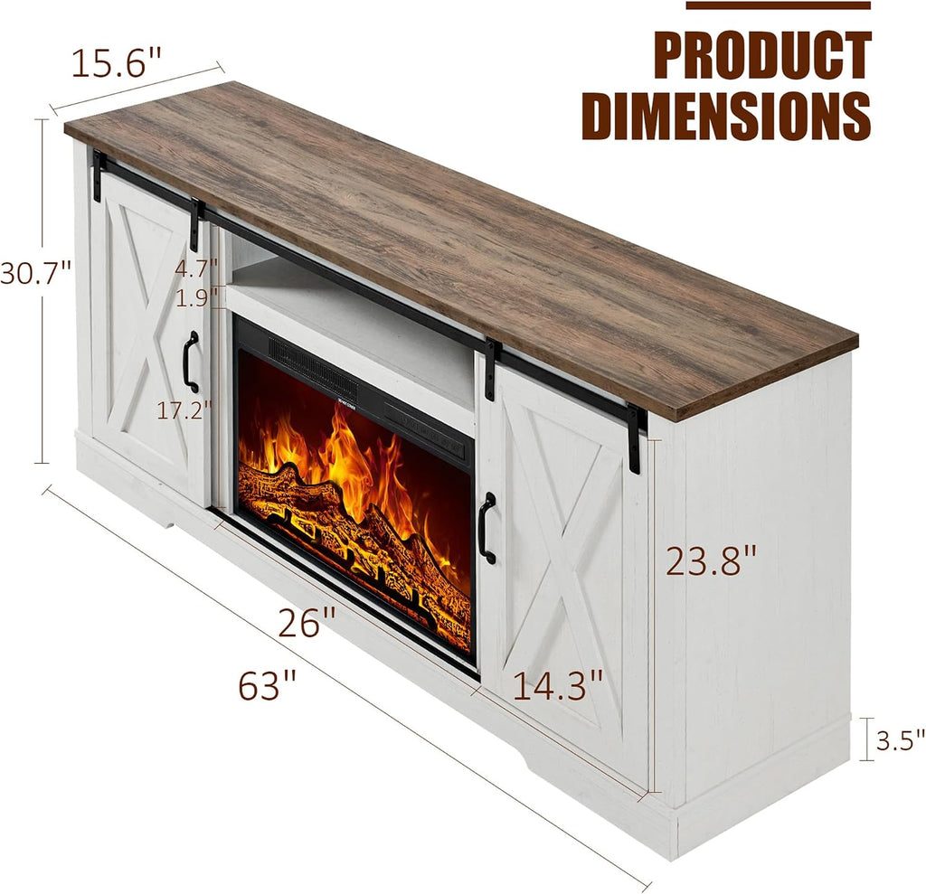 AMERLIFE Fireplace TV Stand with Sliding Barn Door for TVs up to 73', Farmhouse 63' Fireplace Entertainment Center with Storage Cabinets/Adjustable Shelves, Distressed White & Barnwood