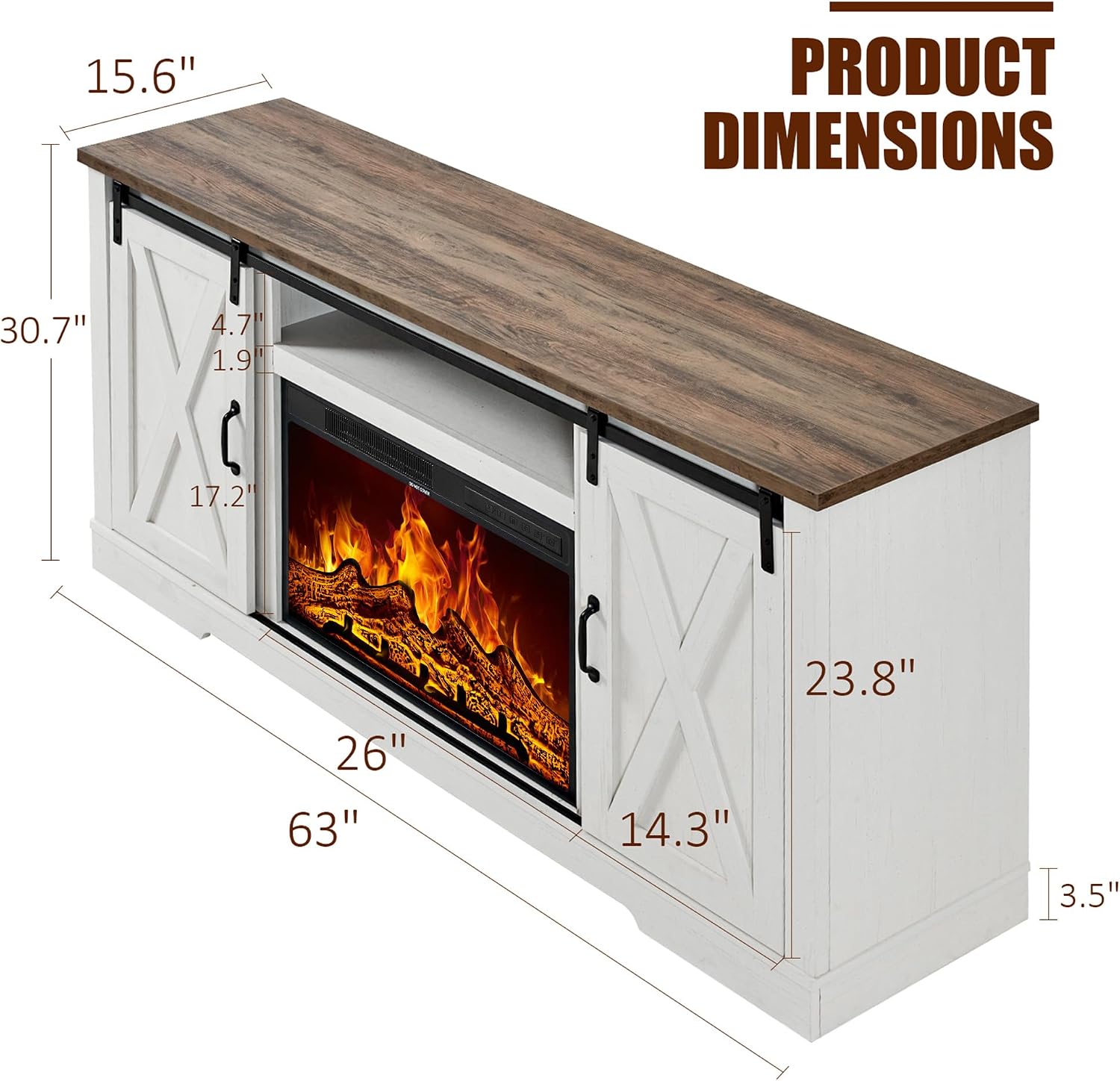 AMERLIFE Fireplace TV Stand with Sliding Barn Door for TVs up to 73', Farmhouse 63' Fireplace Entertainment Center with Storage Cabinets/Adjustable Shelves, Distressed White & Barnwood