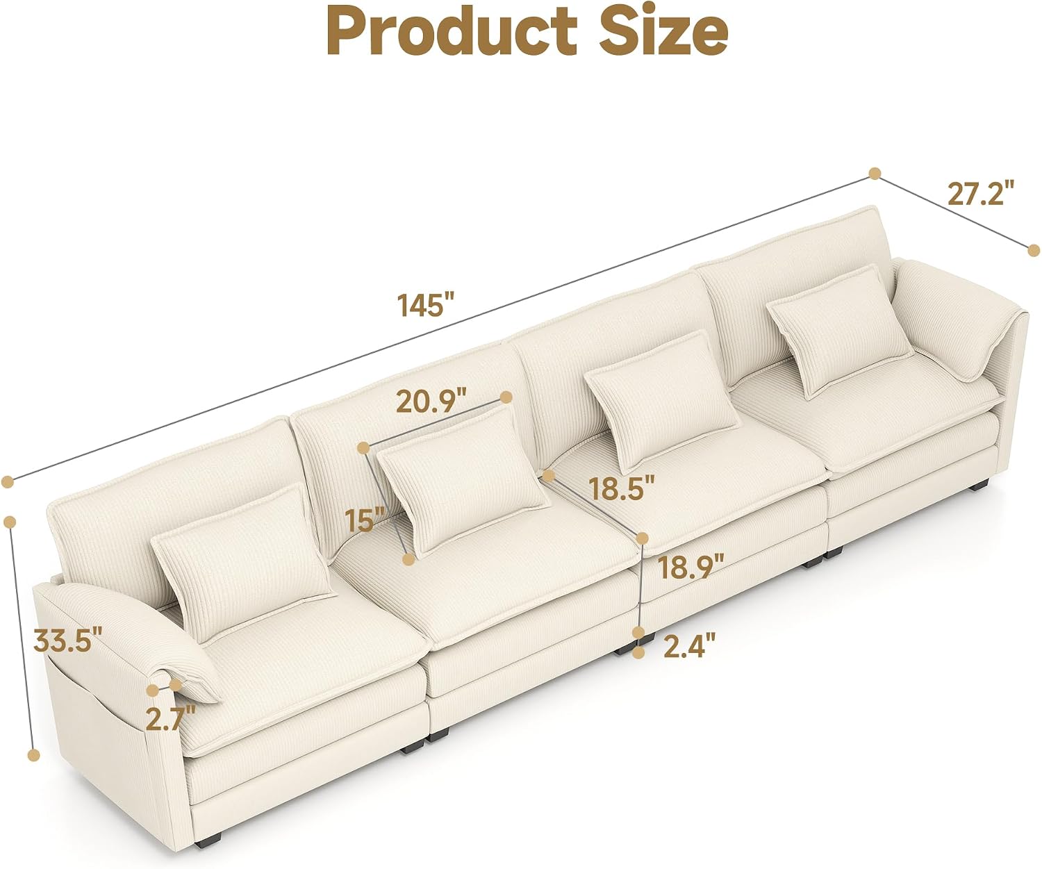 Real Relax 145'' Modular Sectional Sofa, 4 Seat Corduroy Convertible Couch with 8 Pillows and 2 Armrest Pillows for Living Room, Office and Leisure Places, Beige