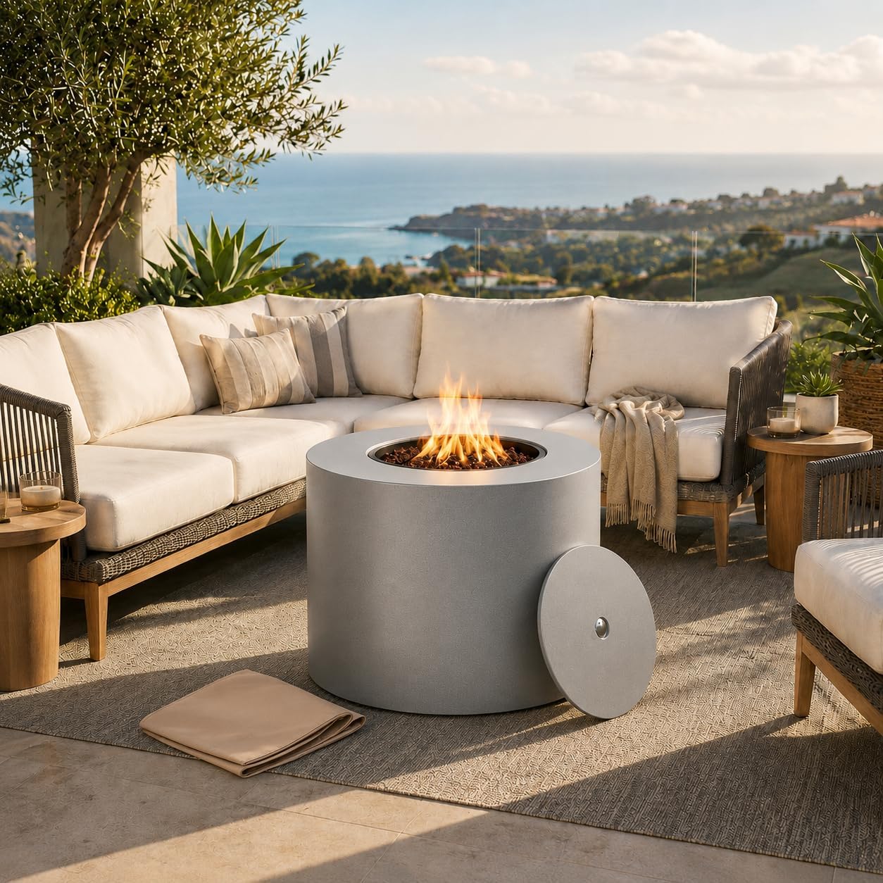 32' Smokeless Propane Fire Pit Table with Lid, Alloy Steel Round Outdoor Patio Dining Firepit 50,000 BTUs, Lava Rocks, Weatherproof Cover, CSA Safety Certified, for Wooden Deck, Backyard Pool, Grey