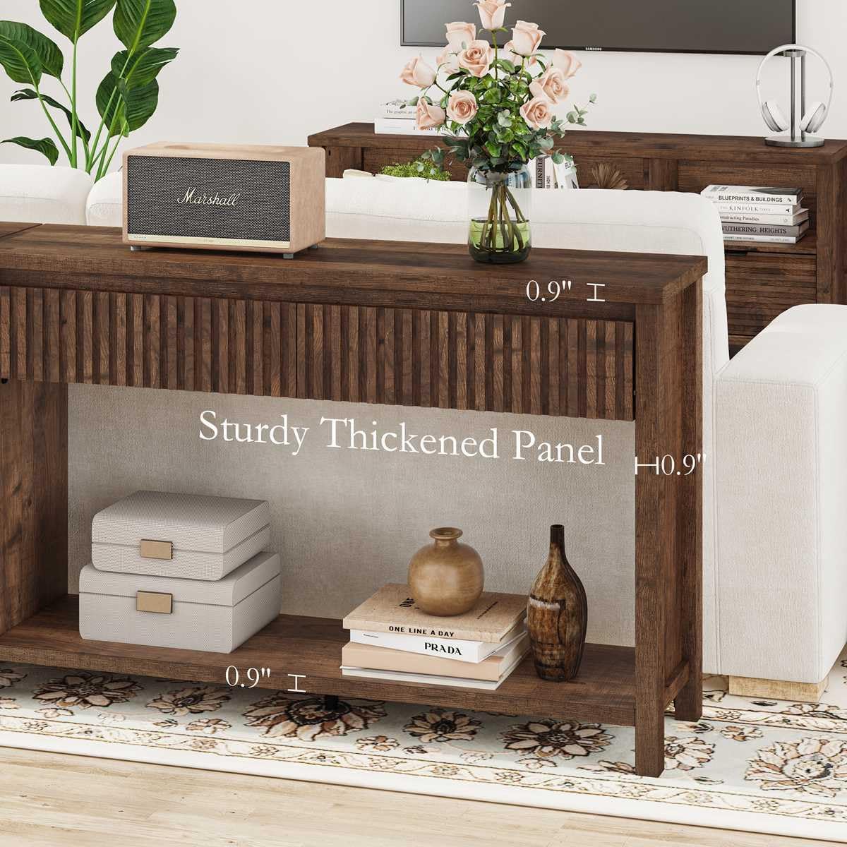 BON AUGURE Console Table with 2 Drawers, 47In Entryway Table with Storage, Sofa Tables with Two-Tier Shelf, Narrow Farmhouse Fluted Couch Tables for Living Room, Rustic Oak