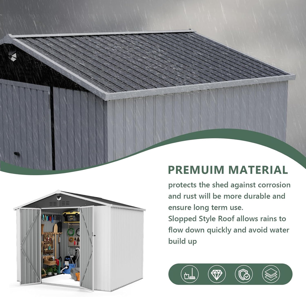 Metal Storage Shed,10x8 Outdoor Storage Building,Large Backyard Sheds with Lockable Doors,Waterproof Outside Storage Sheds，White