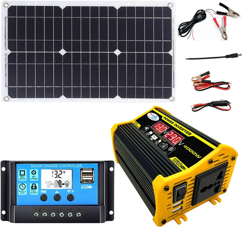 4000W 12V to 110V/220V Solar System Combination Inverter Solar Panel Kit Solar Generator Home Grid System 30A Controller + 18w12v Solar Panel