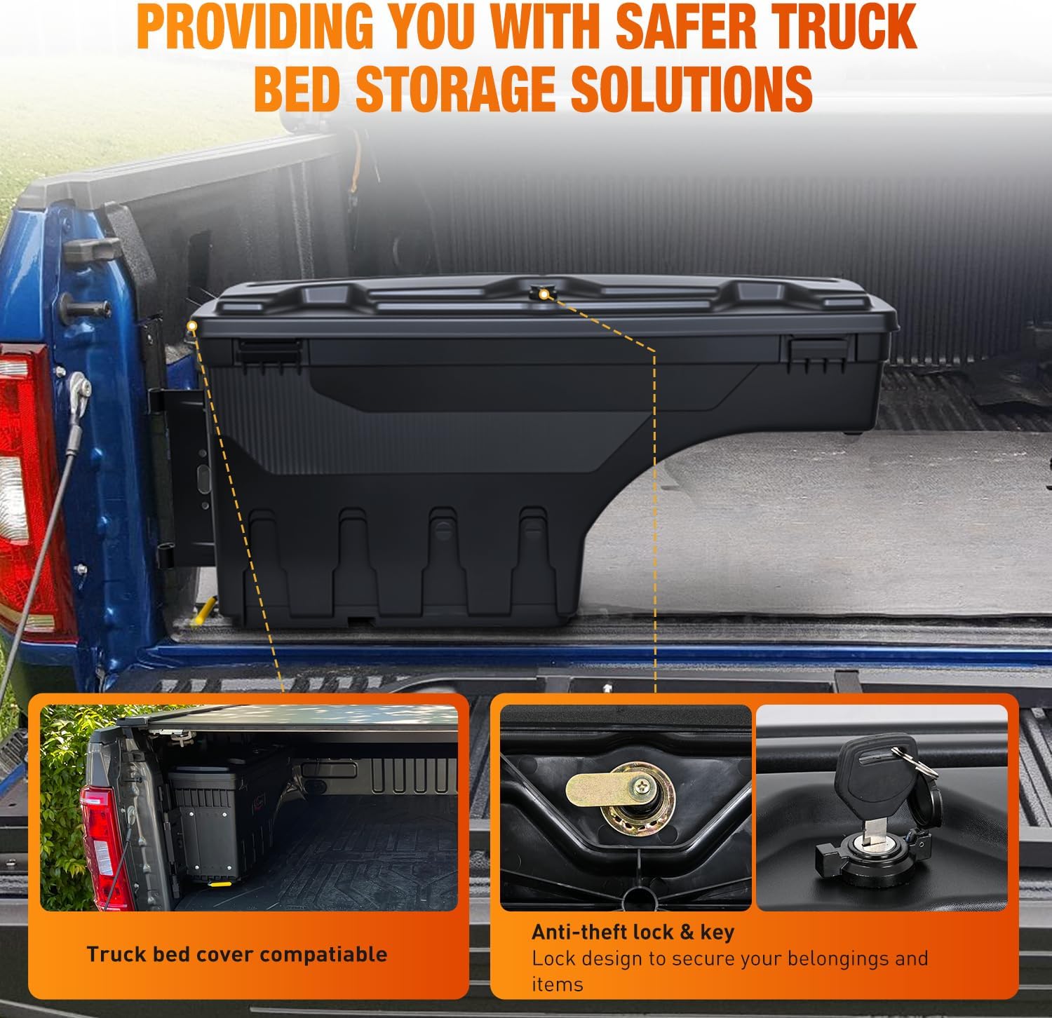 Nilight Truck Bed Tool Box Left Drivers Side Truck Tool Box Fit for Ford F-150 2015-2021 ABS Swing Case Truck Bed Storage Box with Lockable Lid Waterproof Wheel Well Toolbox Black