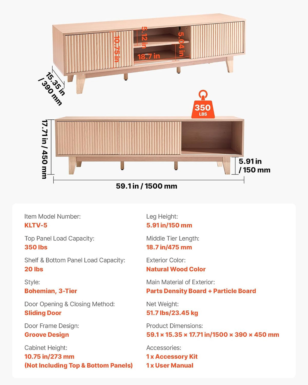 VEVOR 59' Fluted TV Stand, Boho Entertainment Center for 55/60/65 inch TVs, Mid Century Modern Media Console TV Storage Cabinet with Sliding Door and Adjustable Open Shelves, for Living Room, Bedroom