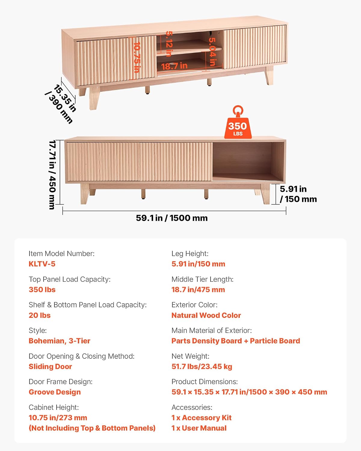 VEVOR 59' Fluted TV Stand, Boho Entertainment Center for 55/60/65 inch TVs, Mid Century Modern Media Console TV Storage Cabinet with Sliding Door and Adjustable Open Shelves, for Living Room, Bedroom