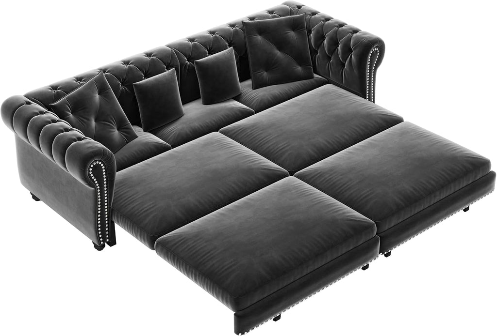 Ball & Cast 3-in-1 Convertible Sofa Bed with Movable Ottoman, 89' Pull Out Couch Bed King Size, Velvet 3 Seater Sleeper Sofa with Nailhead Trim & Rolled Arm,Sofa Couches for Living Room,Blue