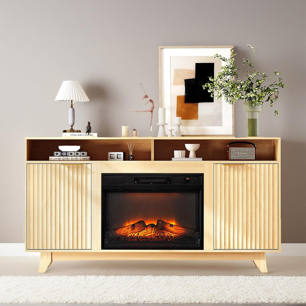 Bonnlo 58' Electric Fireplace TV Stand for 70-Inch TVs - Modern Media Console with Adjustable Shelves, Open Storage, Built-in Heater & 6 Flame Colors, Finish - Perfect for Living Room & Bedroom, Oak
