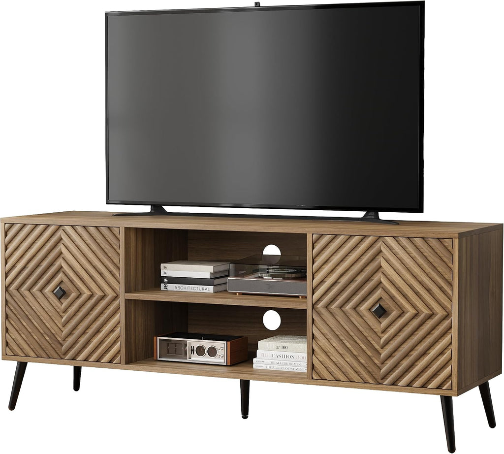 Smuxee Walnut TV Stand with Fluted Diamond Doors, 55.12' Mid Century Modern TV Media Console for TVs up to 65', TV Cabinet with Adjustable Shelf & 2 Cabinets for Living Room