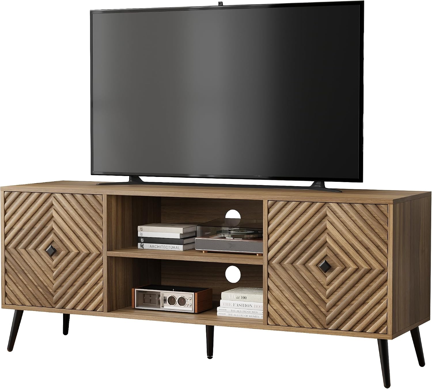 Smuxee Walnut TV Stand with Fluted Diamond Doors, 55.12' Mid Century Modern TV Media Console for TVs up to 65', TV Cabinet with Adjustable Shelf & 2 Cabinets for Living Room
