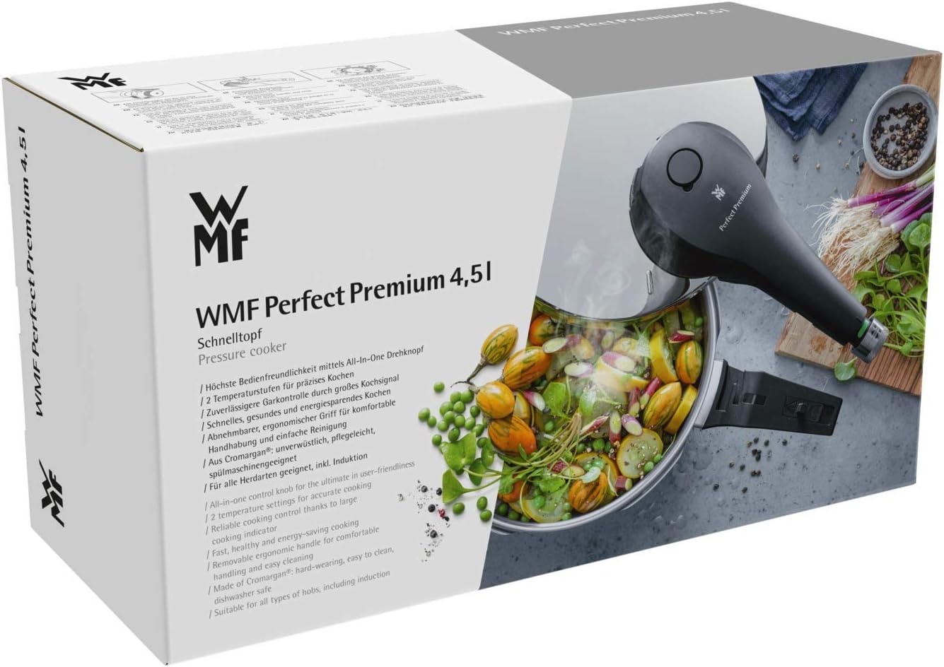 WMF Perfect Pressure Cooker 4.5 L Premium Polished Stainless Steel 2 Cooking Levels All-in-One Rotary Knob, Dishwasher Safe, Diameter Suitable for Induction, Stainless Steel, Silver, 22 cm