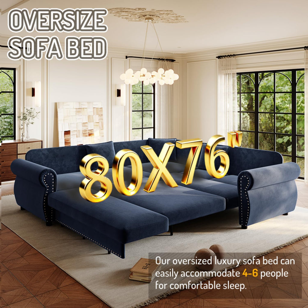 88.2' Sectional Sleeper Sofa with Pull Out Bed - Oversize L-Shaped Convertible Sleeper Couch Bed, Button Tufted Chesterfield Sofa, Chenille Vintage Couches for Living Room/Apartment(4-Seater, Blue)