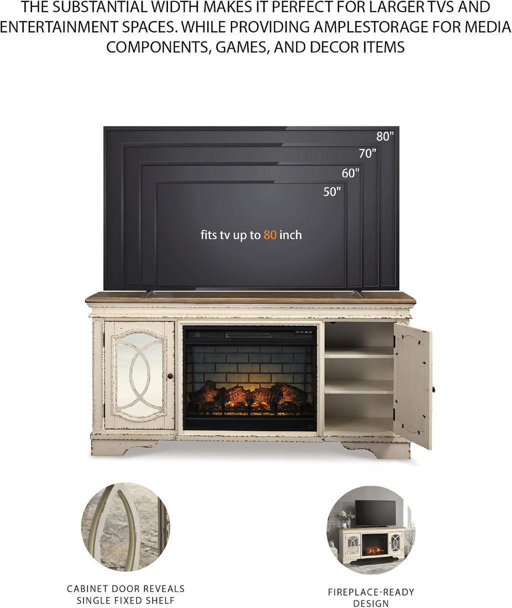 Signature Design by Ashley Realyn Farmhouse TV Stand with Fireplace Option Fits TVs up to 72', 2 Cabinet Doors and Adjustable Storage Shelf, White & Rustic Brown