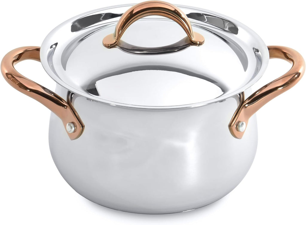 BergHOFF Ouro Gold 18/10 Stainless Steel 17Pc Cookware Set With Lids, 11Pc Induction Pots and Pans and 6Pc Bamboo Cooking Utensils Set PFOA-free, Rose Gold Handles