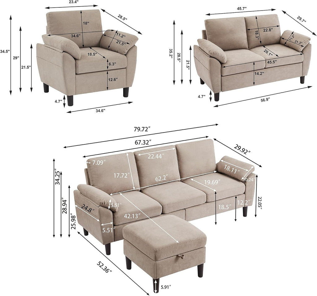 3 Pieces Sectional Sofa Set, 79' Modern L Shaped Couch & 57' Loveseat & 35' Accent Chair, Linen Upholstered Sofa Set with Movable Ottoman, Couches for Living Room, Apartment, Beige