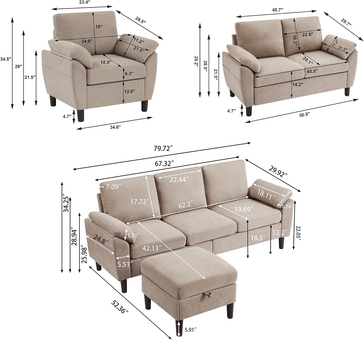 3 Pieces Sectional Sofa Set, 79' Modern L Shaped Couch & 57' Loveseat & 35' Accent Chair, Linen Upholstered Sofa Set with Movable Ottoman, Couches for Living Room, Apartment, Beige