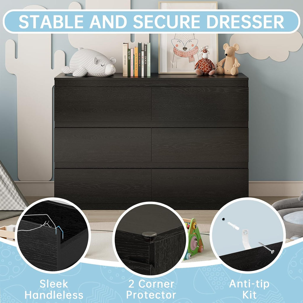 OtterOasis Black Wood Dresser, 6 Drawer Dressers for Clothes Storage for Bedroom, Modern Dresser with Wide Drawers, Wide Wooden Chest Drawers for Living Room|Entryway|TV Stand(47' W x15.4 Dx32.3 H)