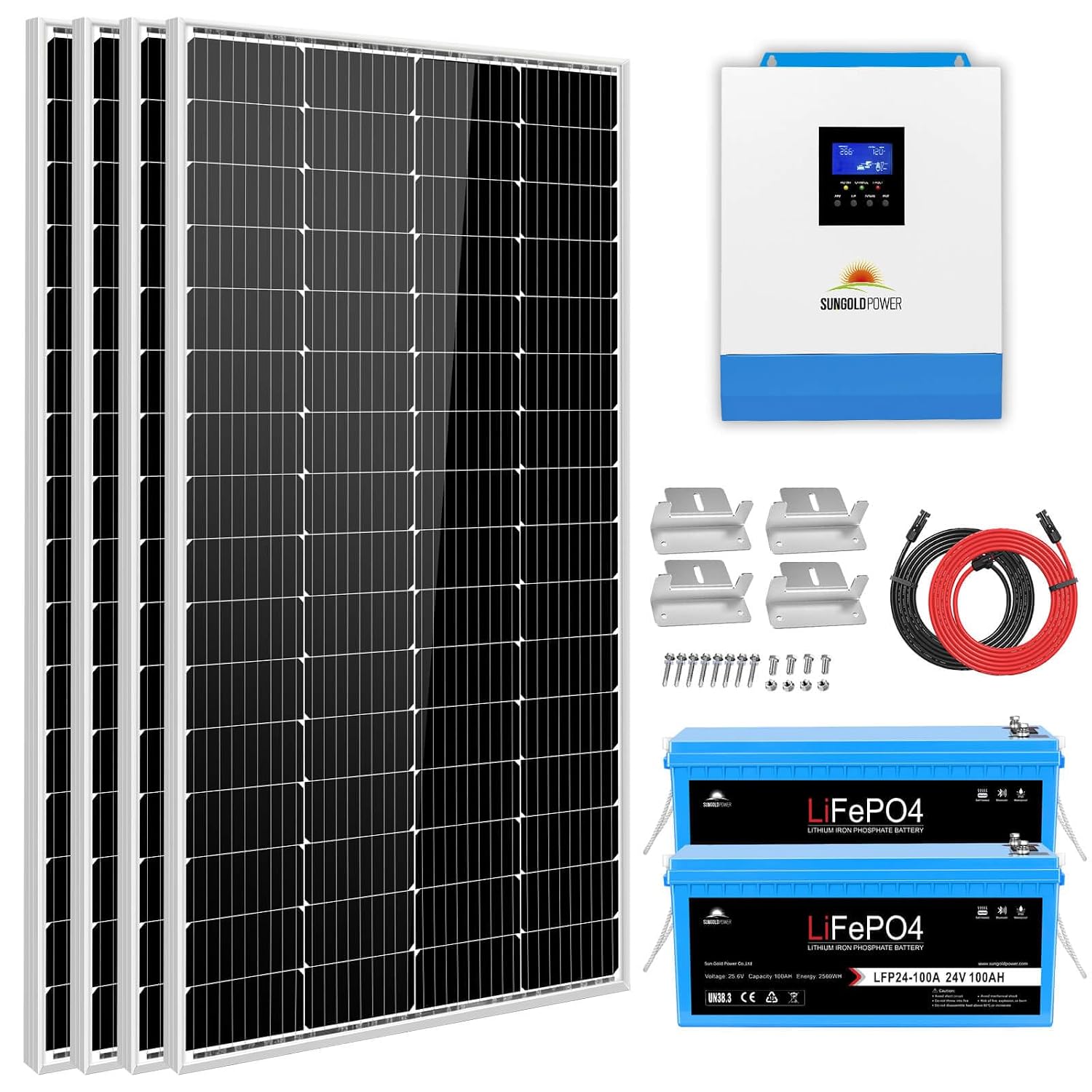 SUNGOLDPOWER Solar kit 3000W Solar inverter DC 24V to AC 120V, with 2pcs 24V 100Ah LifePO4 battery, 4x200W solar panels,Mount Z-Brackets and PV cable,for Household,Tiny house,Off grid system SGKT-3PRO