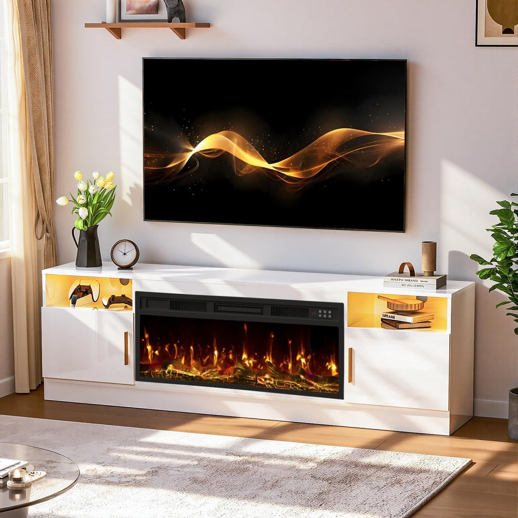 TV Stand with Fireplace, 70 Inch Fire Places TV Stand for Living Room, 36' White Electric Fireplace TV Stands, LED Entertainment Center with Fireplace, Up to 80' TVs