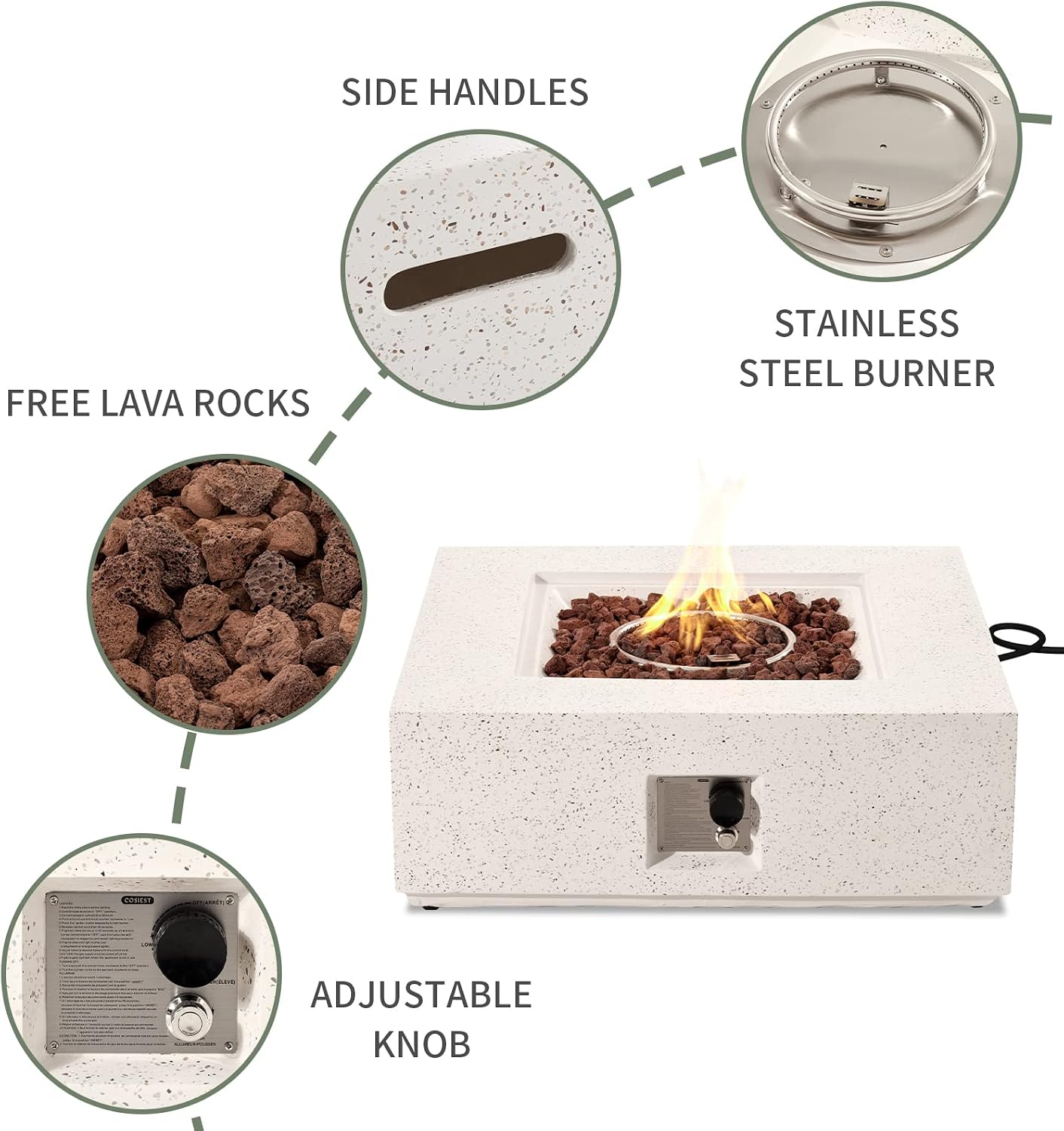 COSIEST 2-Piece Outdoor Propane Fire Pit Table Set w Tank, Beige Faux Stone 35 inch Square Fire Table w Certified, 50,000 BTU Stainless Steel Burner, w 20lb Hideway Tank Cover for Garden, Porch