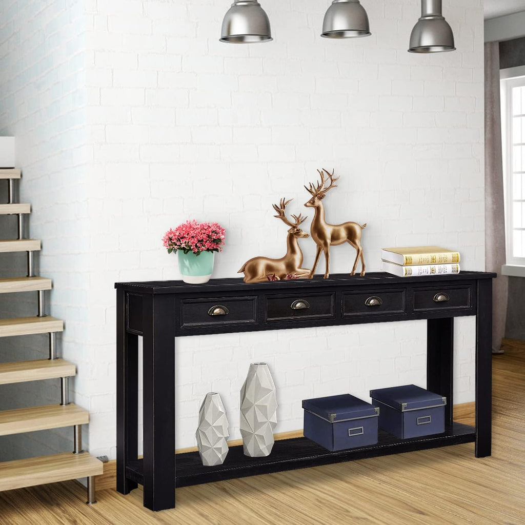 Kinfant Console Table for Entryway - 60' Long Rustic Sofa Table with 4 Drawers and Storage Shelf, Black