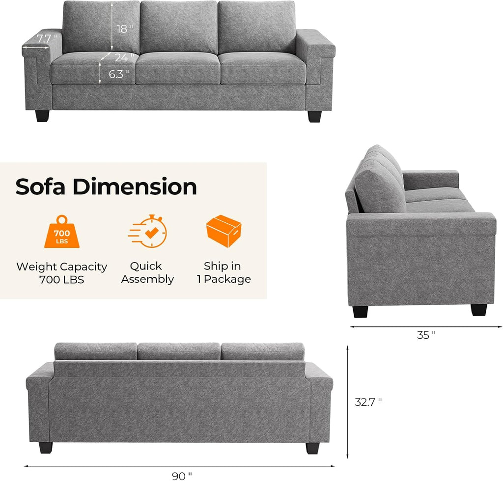 COPIAE 3 Seater Sofa Couch with Deep Seat, 90' Modern Upholstered Sofa with Armrests, Easy Installation, Comfy Couches for Living Room, Apartment, Light Gray