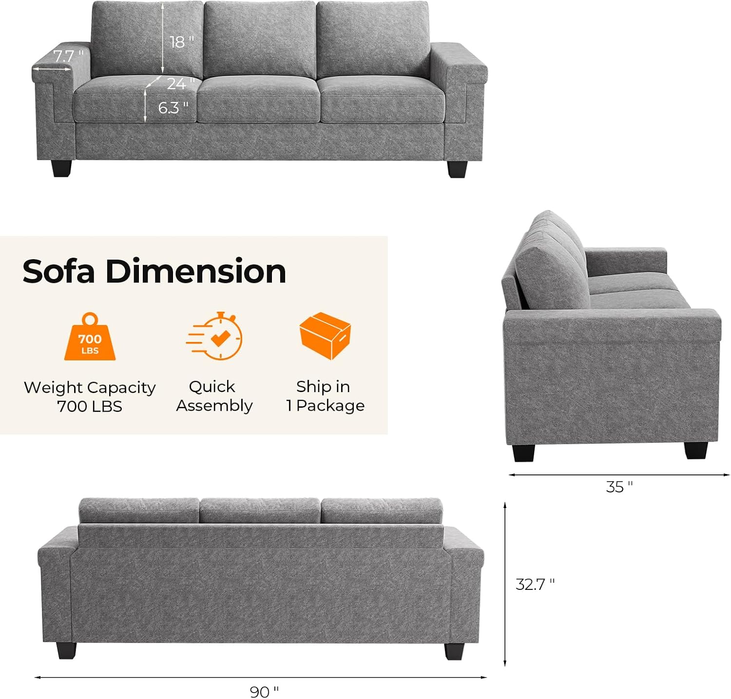COPIAE 3 Seater Sofa Couch with Deep Seat, 90' Modern Upholstered Sofa with Armrests, Easy Installation, Comfy Couches for Living Room, Apartment, Light Gray
