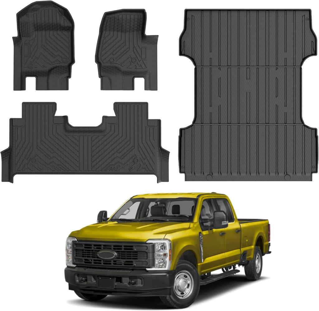 KUST Floor Mats Set for 2017-2026 Ford F250/F350/F450 Super Duty Crew Cab (Only for Rear Seat with Under-Seat Storage), 6.8FT Truck Bed Mat All Weather F250 Accessories TPE Rubber Raised Edge