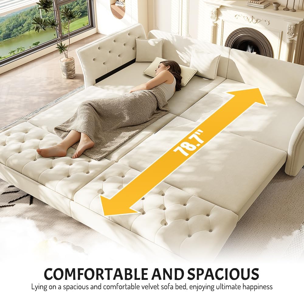 100' King Size Sleeper Sofa Bed, 3-in-1 Convertible Pull Out Chesterfield Sleeper Couch, Oversized Velvet Flower Button Tufted 4-Seat Sofa for Living Room Apartment (Beige White)
