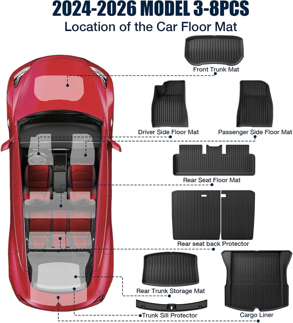 Floor Mats Compatible with Tesla Model 3 2024-2026 Highland 5-Seater, All Weather TPE Waterproof Odorless Complete Set with Seat Back Liner & Trunk Sill Guard Interior Accessories (8PCS)