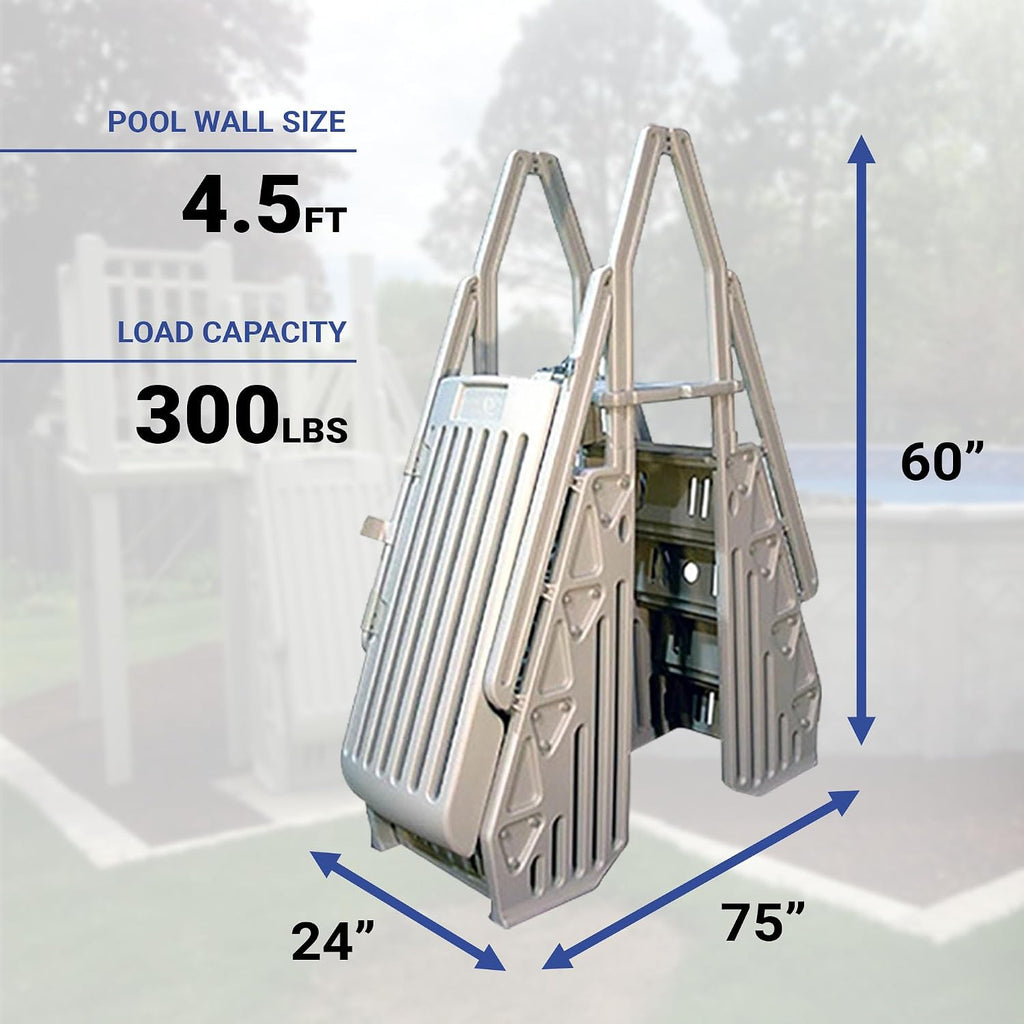 Vinyl Works 24 Inch Double Pool Step Ladder with Gate, Adjustable Stair Entry System with Handrails for Above Ground Swimming Pools, Taupe