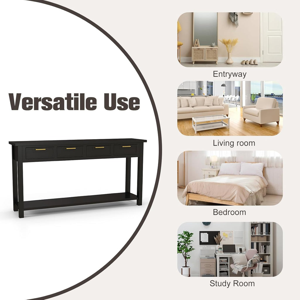 Kinfant Solid Wood Console Table - Entryway Table with 4 Drawers and a Bottom Storage Shelf, 60 Inch Narrow Long Sofa Table for Living Room, Hallway, Front Hall, Couch, Black
