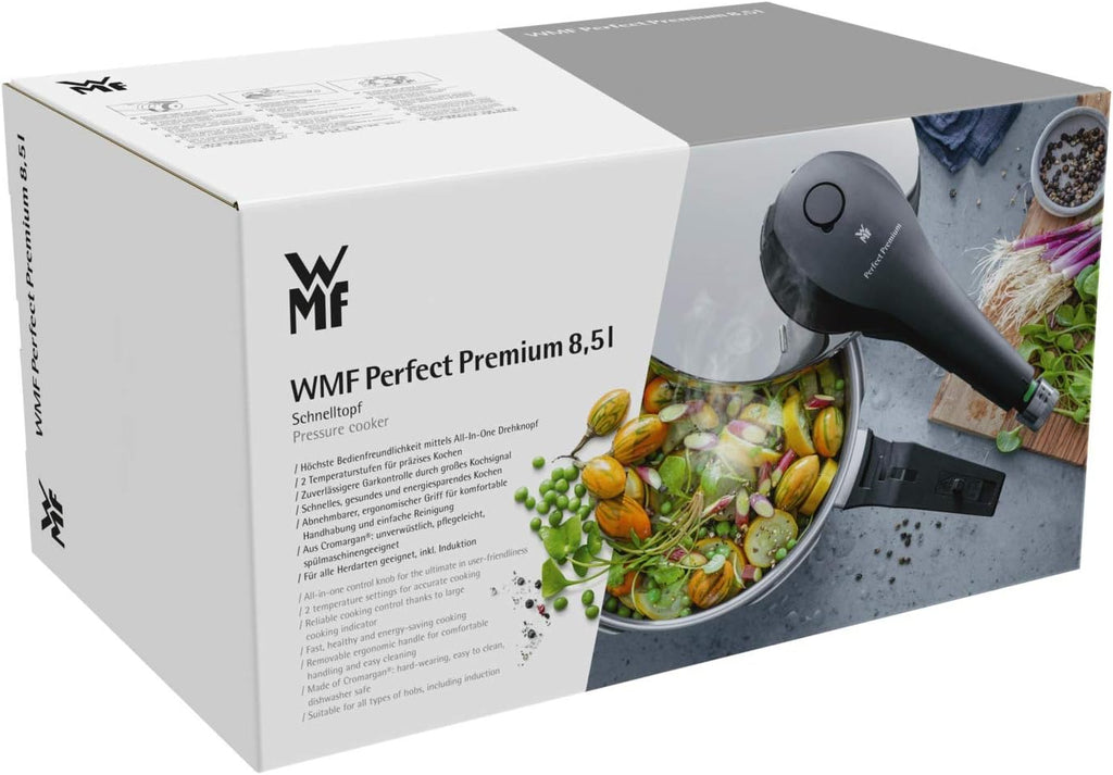 WMF Perfect Pressure Cooker 8.5 L Premium Polished Stainless Steel 2 Cooking Levels All-in-One Rotary Knob, Dishwasher Safe, Diameter 22 cm Suitable for Induction, Stainless Steel, Silver