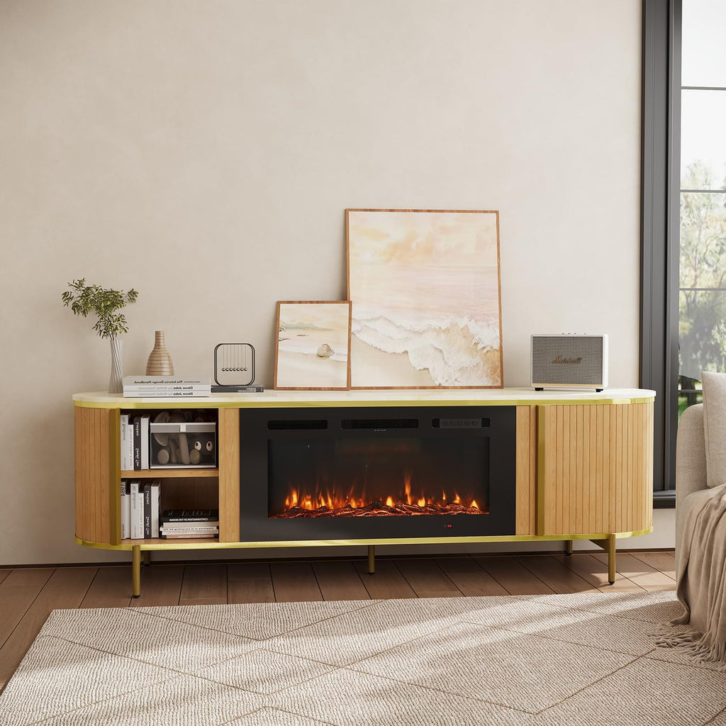 Luxury 70' Fluted TV Stand with Fireplace, Modern Chic Entertainment Center for TVs Up to 80', TV Console for Living Room, Media Cabinet with Storage,70 Inch, Oak