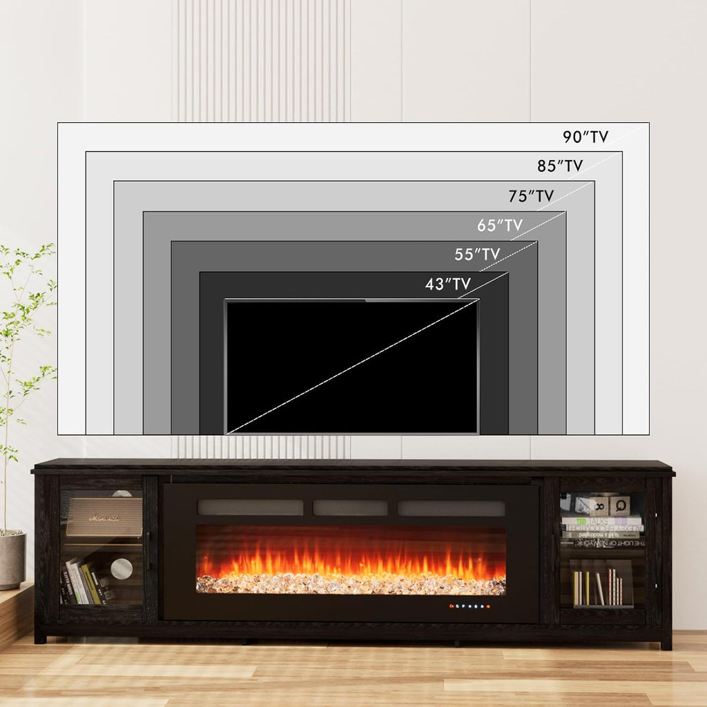 80' Fireplace TV Stand with 50' Smart Fireplace, LED Light Entertainment Center and Storage, Media TV Console for TVs Up to 90',Fire Place TV Stands for Living Room, Black