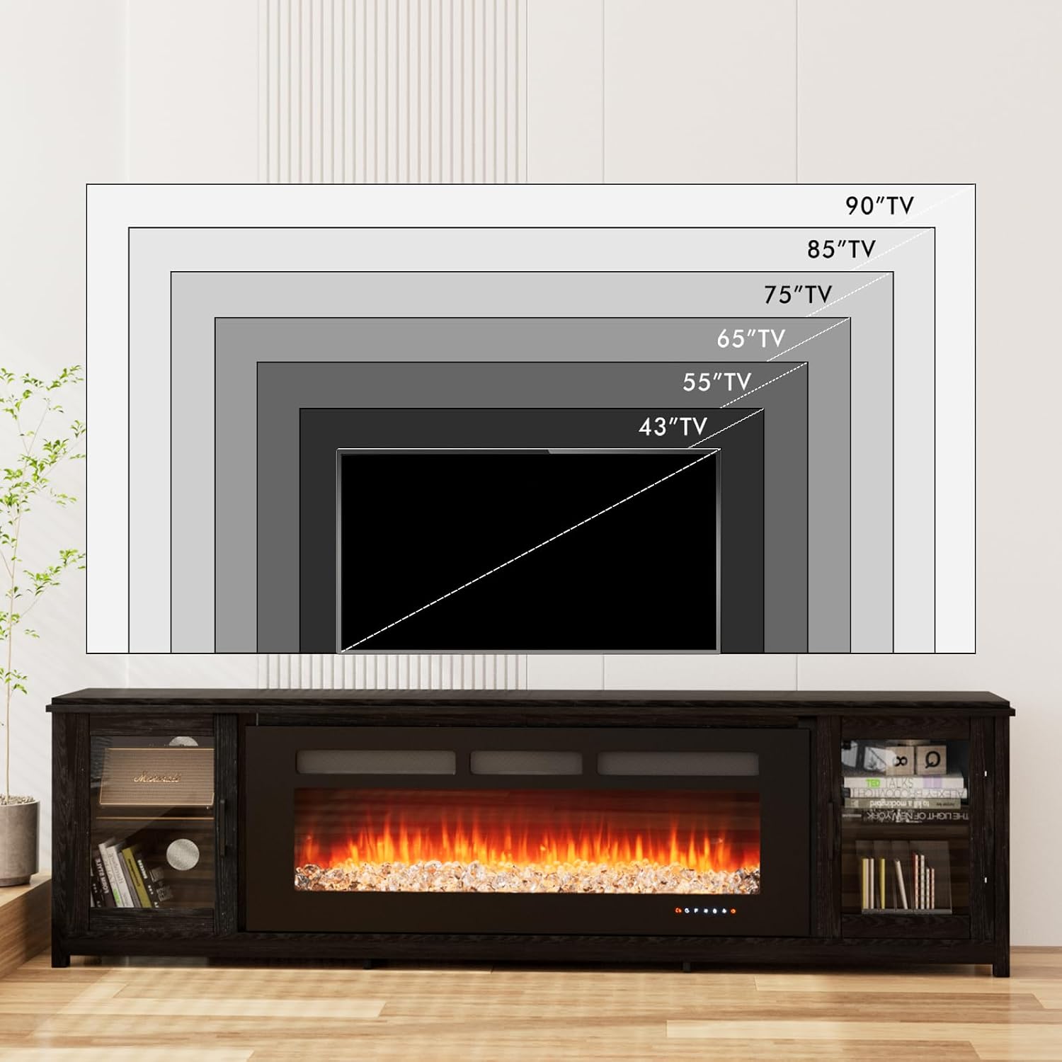 80' Fireplace TV Stand with 50' Smart Fireplace, LED Light Entertainment Center and Storage, Media TV Console for TVs Up to 90',Fire Place TV Stands for Living Room, Black