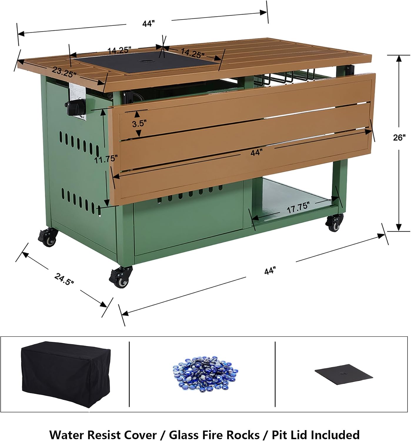44' Propane Fire Pit, Outdoor Fire Pit Table with Cover, Outdoor Fireplace Gas Fire Pits for Outside Patio, Rectangular Firepit Table with Lid and Glass Rocks for Indoor/Deck/Backyard, Green