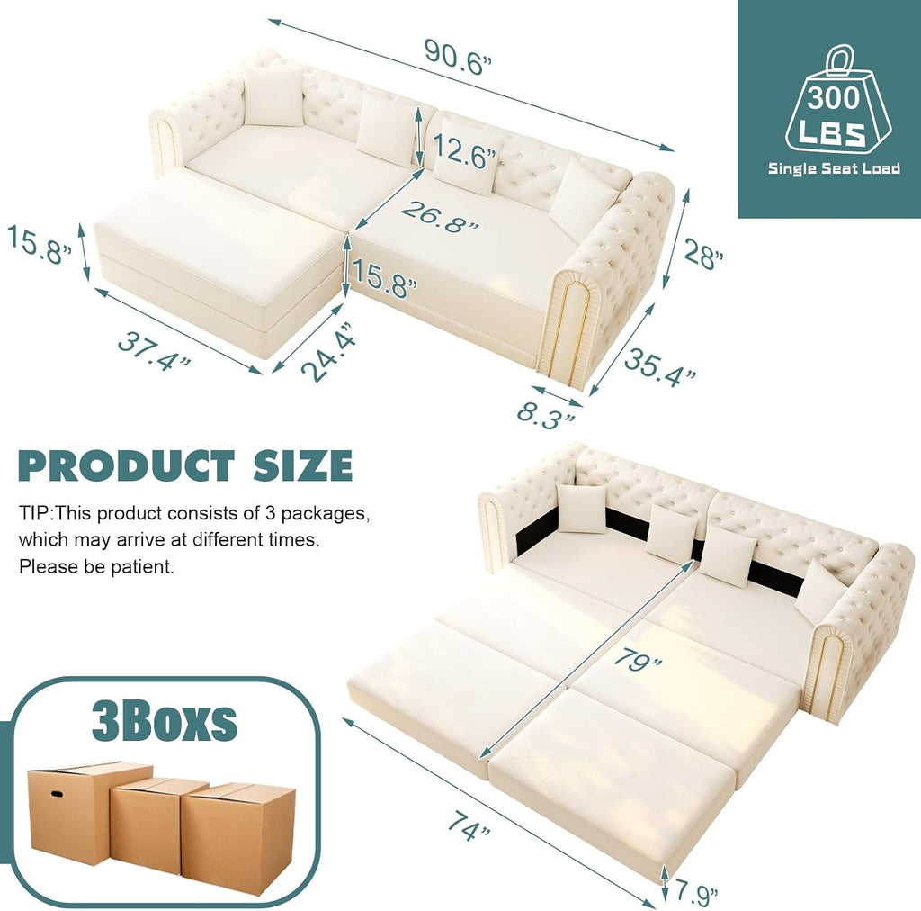 90.6' King Size Sleeper Sofa Bed, 3-in-1 Convertible Foldable Chesterfield Floor Couch with Ottoman, Oversized Velvet Button Tufted L Shaped Sofa for Living Room Small Spaces, Beige White