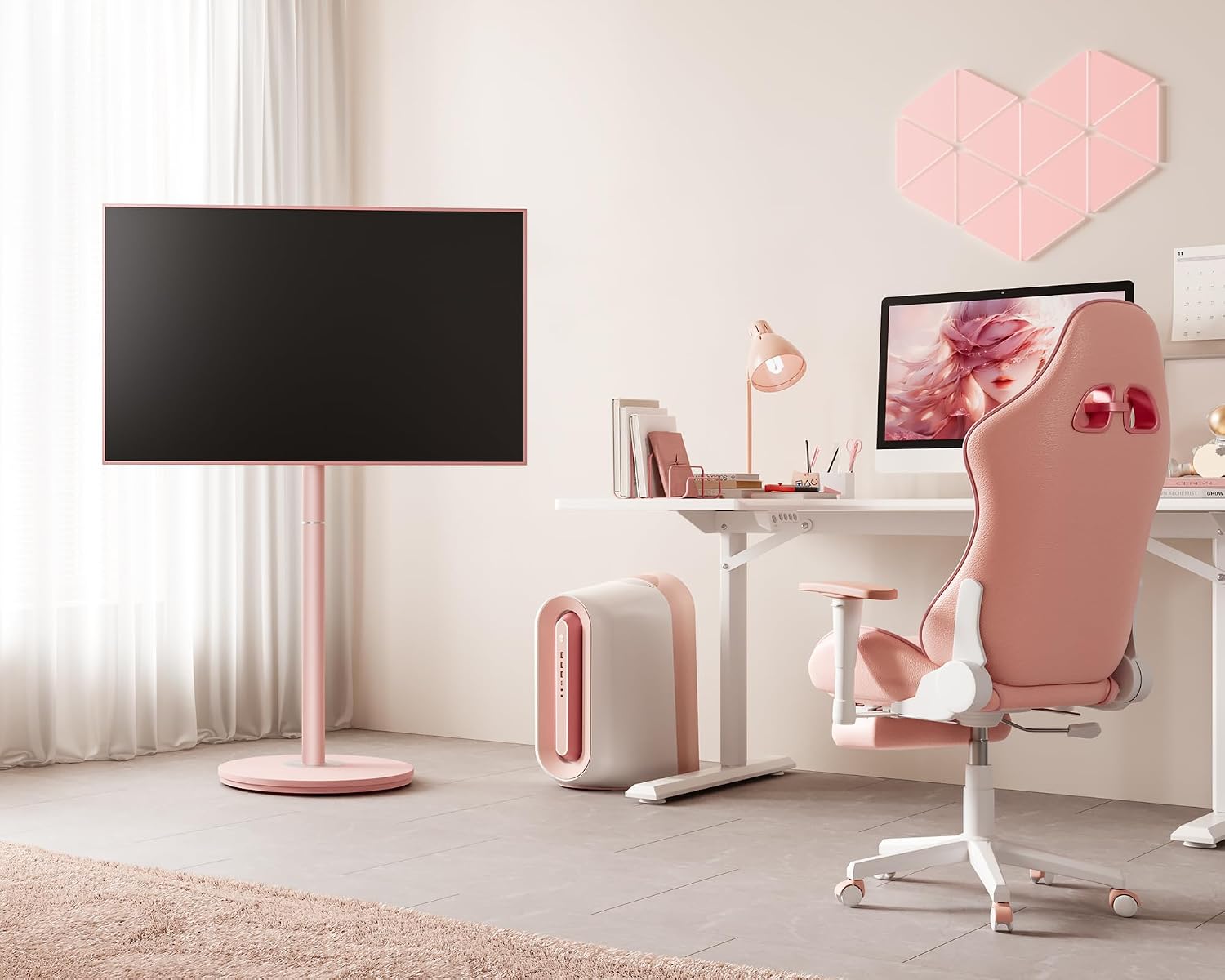 FITUEYES Design Mobile Rolling TV Cart for 32-65 Inches Television, Modern Corner TV Floor Stand on Wheels Fits Max VESA 400x400mm, V2 Portable Smart Television Cart,Pink, Master Series
