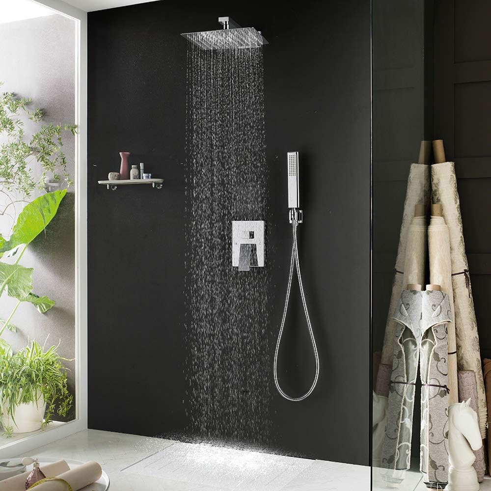 Iriber Chrome Shower System 10 Inch High Pressure Rainfall Shower Head and Shower Faucet Combo Set