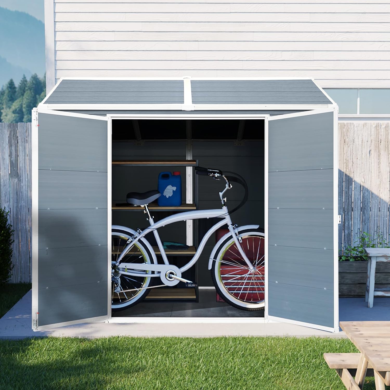 KEIKI 8x6 FT Outdoor Storage Shed Waterproof Resin Cabinet,Sloped Roof Polypropylene Frame with Two-Window and Double Lockable Door for Patio Furniture