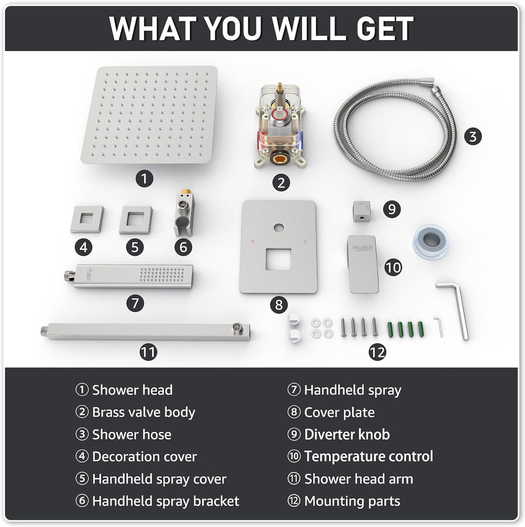 Iriber 12-Inch Rainfall Shower System with Handheld Combo, Brushed Nickel Finish, High Pressure Brass Shower Set