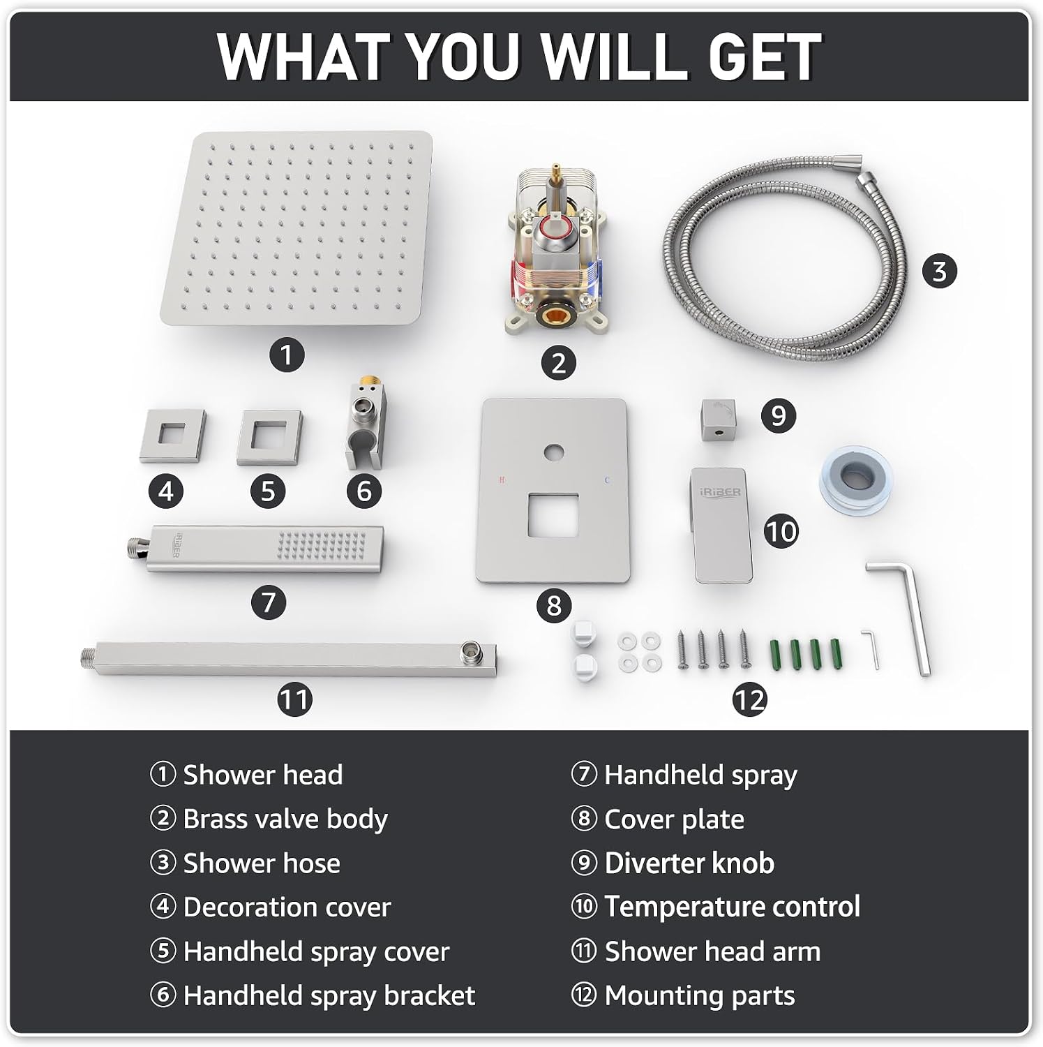 Iriber 12-Inch Rainfall Shower System with Handheld Combo, Brushed Nickel Finish, High Pressure Brass Shower Set