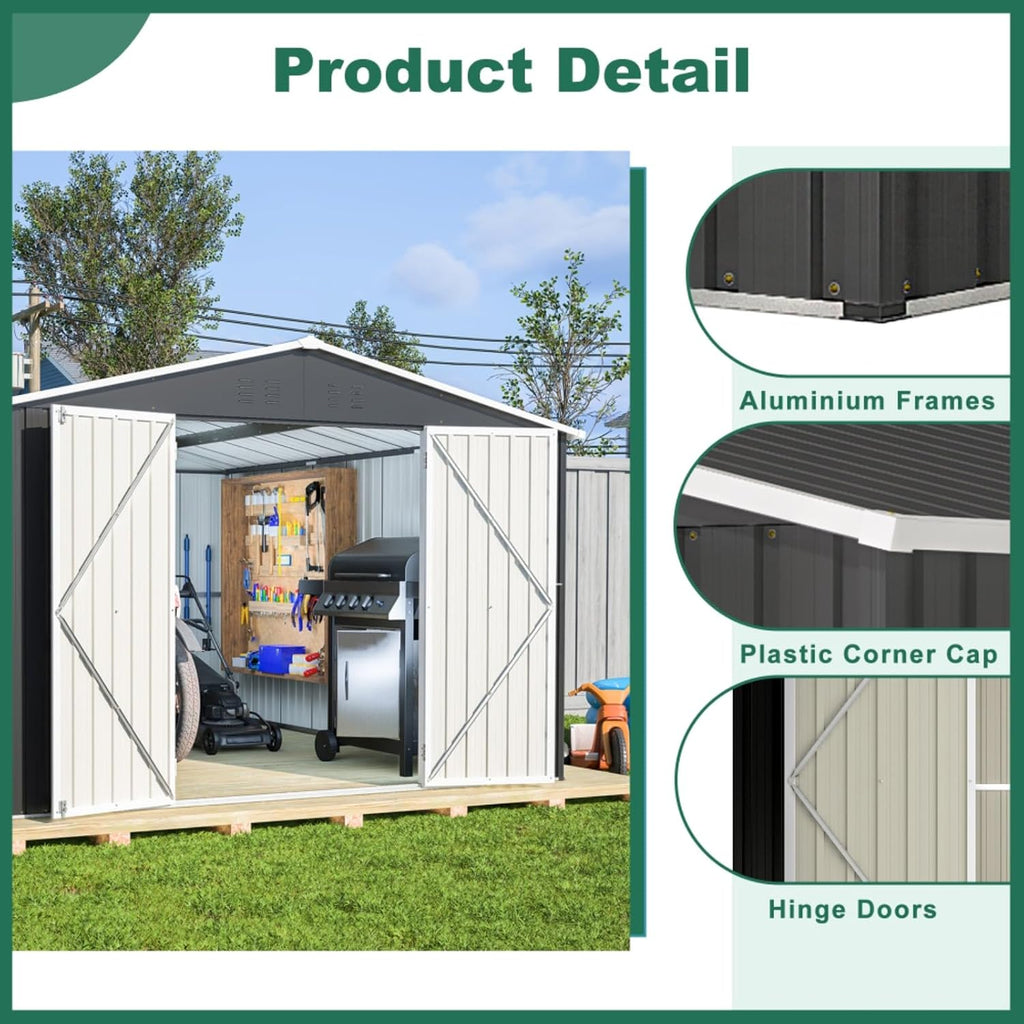 Outdoor Storage Shed 10x12 FT, Metal Tool Shed with Lockable Doors & Reinforced Frame, Large Waterproof Garden Shed for Backyard, Lawn Mower, Patio Furniture - Includes Padlock & Gloves, Black