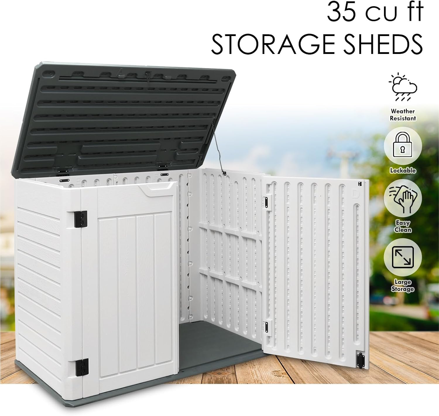AJP Distributors 4ft x 2.5ft 35 cuft Outdoor Storage Shed, Waterproof Resin Horizontal Storage Box w/Lid & Lockable Doors for Backyard Garden Patio Pool - Bike Cushion Garbage Can Tools Lawn Mower