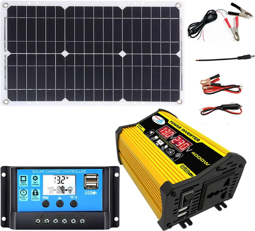 4000W 12V to 110V/220V Solar System Combination Inverter Solar Panel Kit Solar Generator Home Grid System 30A Controller + 18w12v Solar Panel
