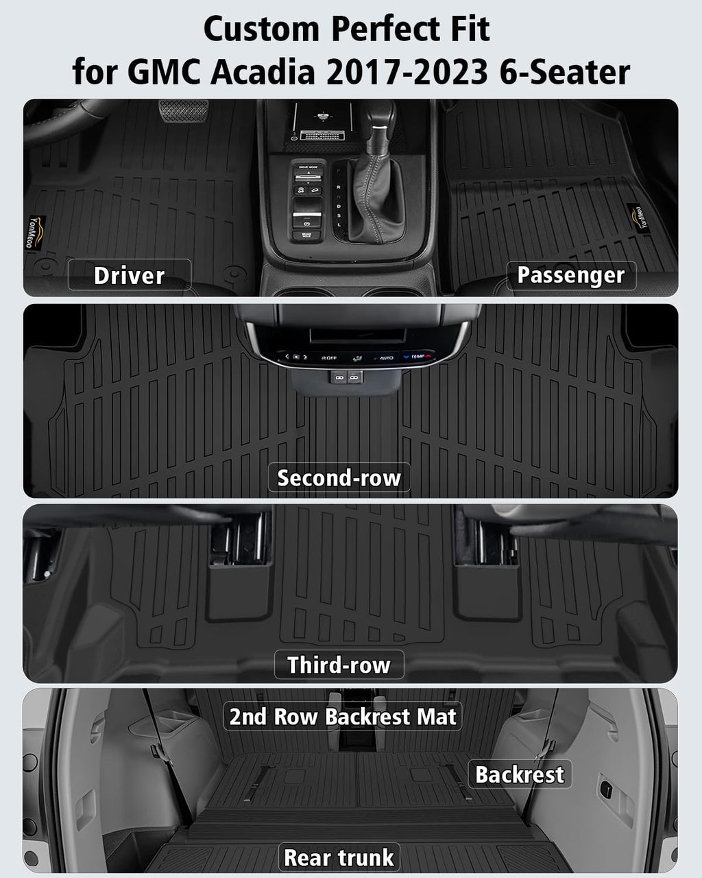Floor Mats Custom for GMC Acadia 6 Seats 2017-2023 TPE All Weather Cargo Liner with Backrest Mat, 2nd Row Seat Back Protector & Door Sill Guards for Acadia Accessories, Black