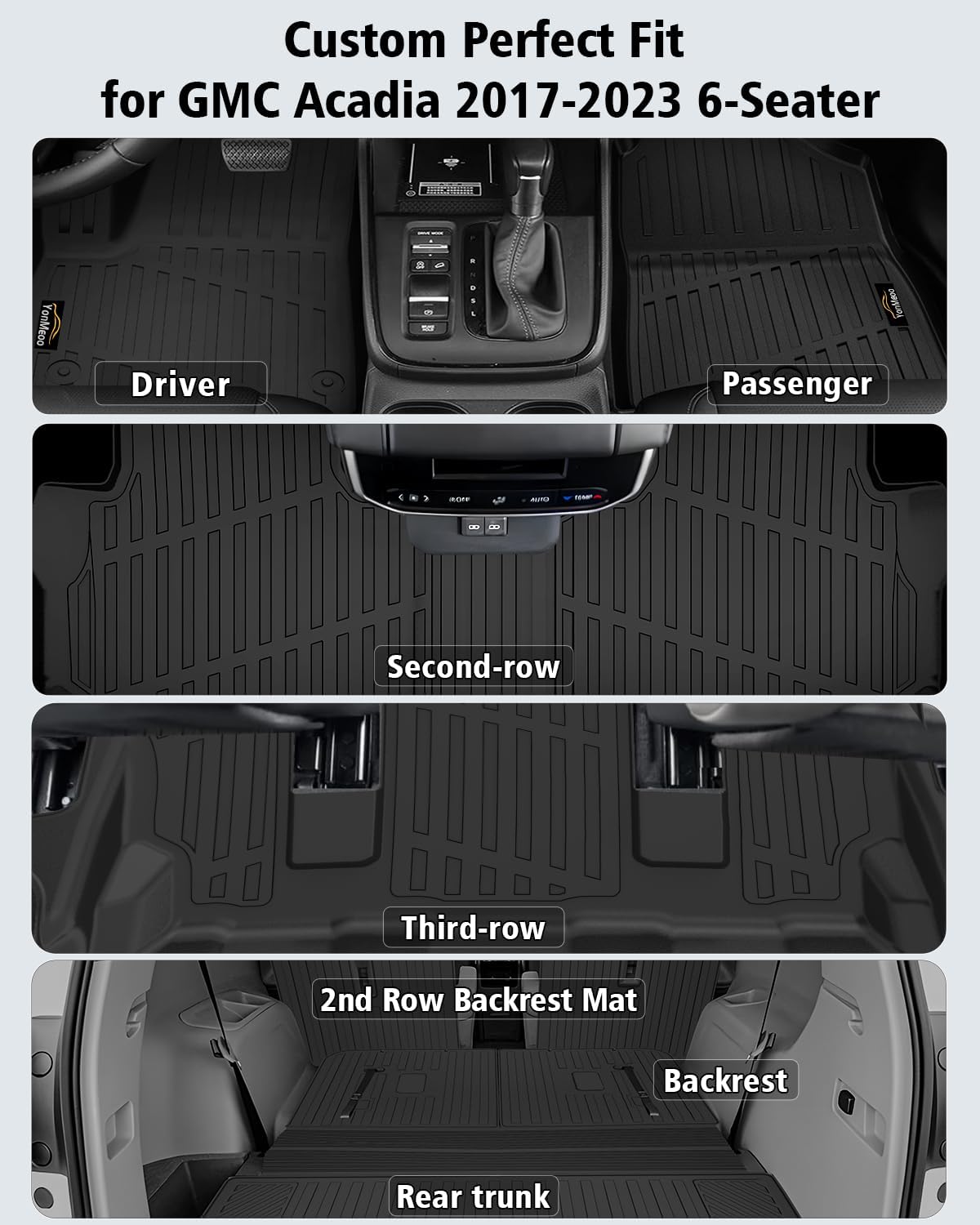 Floor Mats Custom for GMC Acadia 6 Seats 2017-2023 TPE All Weather Cargo Liner with Backrest Mat, 2nd Row Seat Back Protector & Door Sill Guards for Acadia Accessories, Black