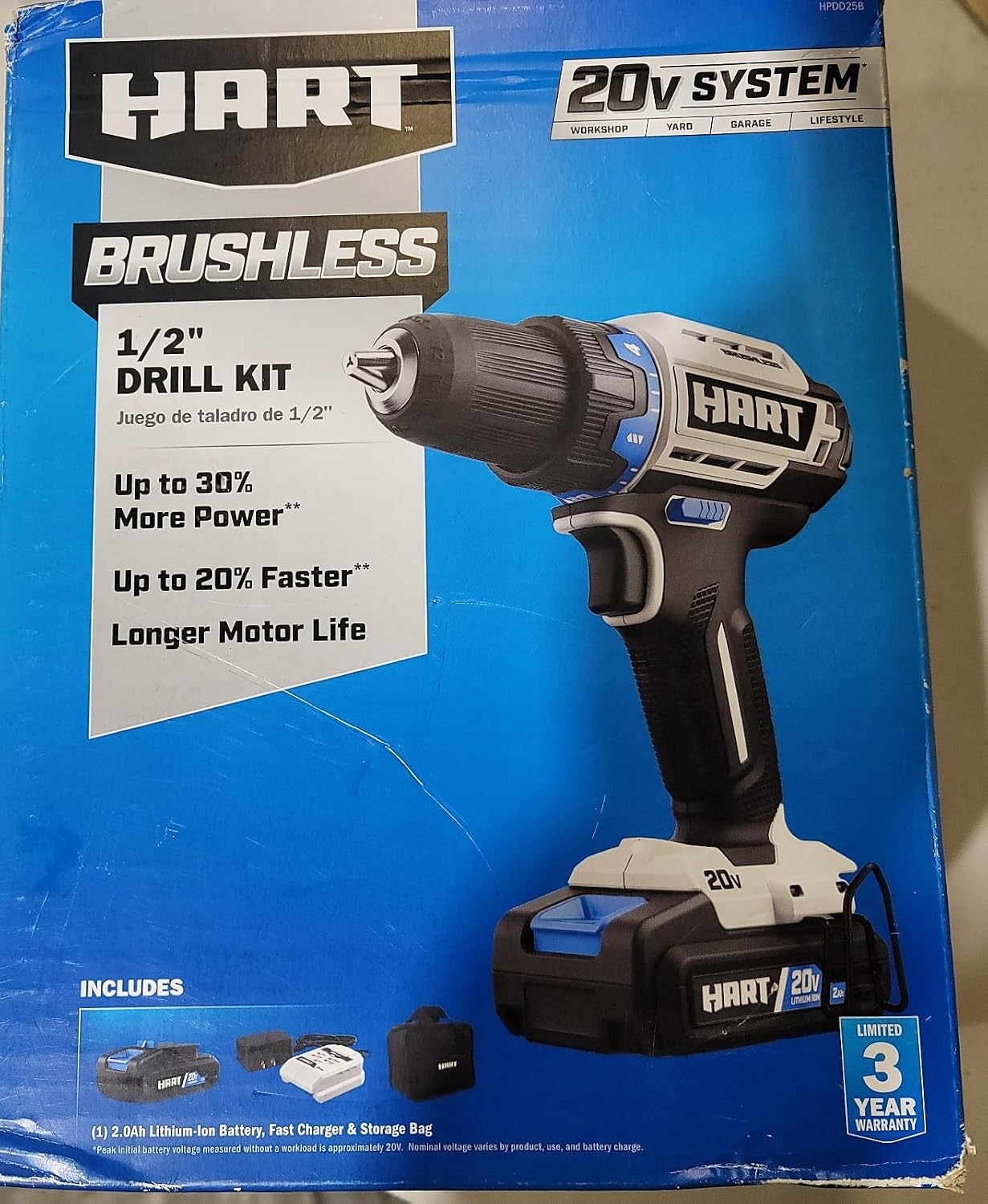 HART 20V Cordless Drill Kit, 1/2 inch Brushless, 2.0Ah Battery, Charger, Bag
